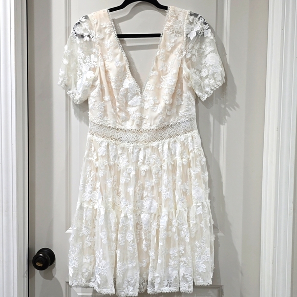 DB Studio Nwt 3D Soft White Floral Lace V-Neck Short Dress, Size 12 - Picture 9 of 16
